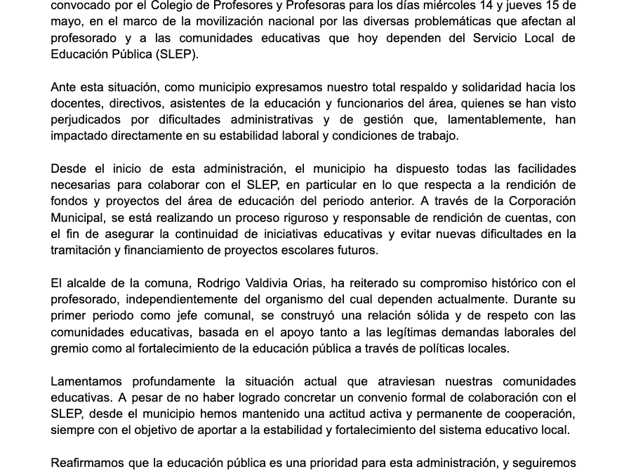 Alcalde Valdivia solidariza con docentes, directivos y asistentes de la educación de los servicios locales